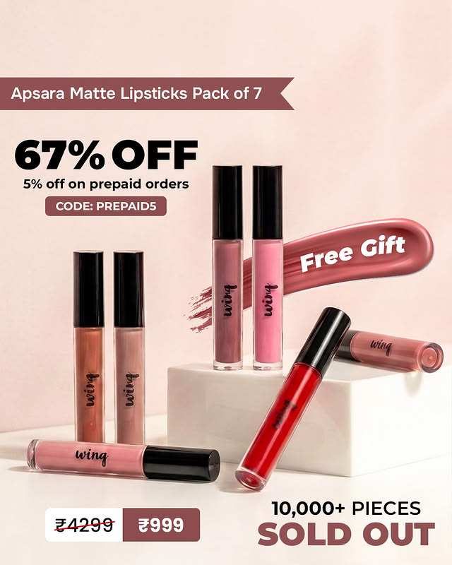 Winq Apsara matte lipsticks ad — 67% off discount-led angle with sold-out proof
