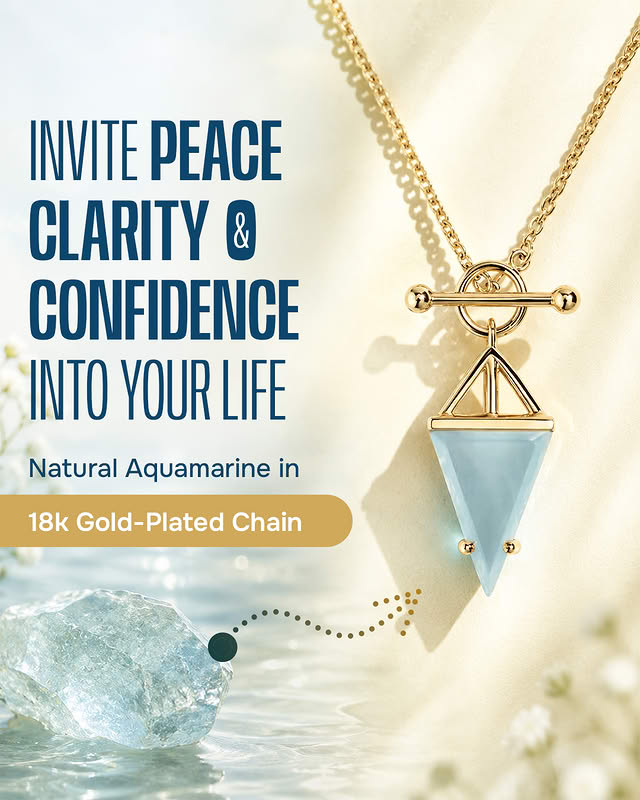 Aquamarine crystal necklace ad — emotional benefit-led angle