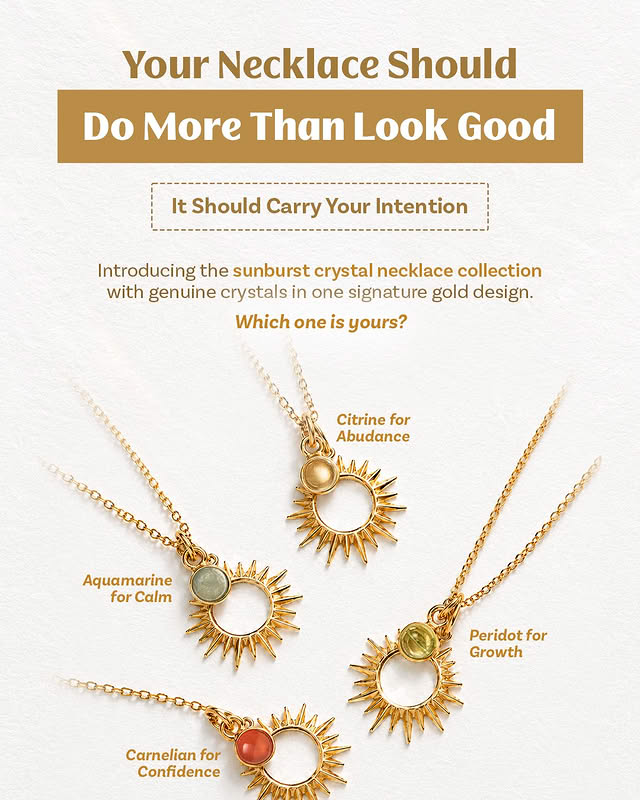 Sunburst crystal necklace collection ad — multi-product collection angle
