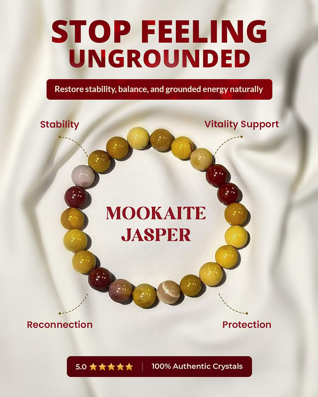 Mookaite Jasper crystal bracelet ad — benefit-led angle with review proof