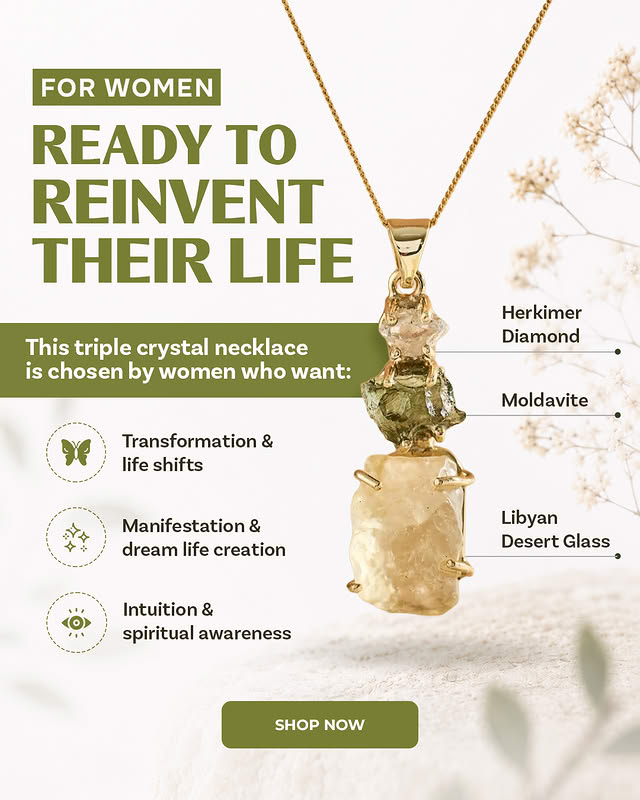 Triple crystal necklace ad — audience-led angle for women ready to reinvent their life
