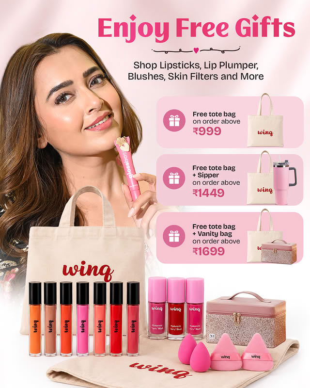 Winq cosmetics free-gifts tiered offer ad with model and product range